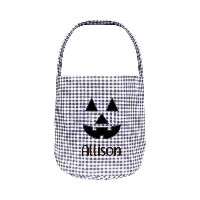 Personalized Jack-o-lantern Halloween Candy Basket with Embroidered Name - Custom Gingham Pattern Tote Bag Basket for Halloween Candies - Trick or Treat Halloween Bucket Goodies Bags 