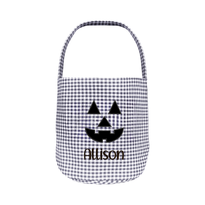 Personalized Jack-o-lantern Halloween Candy Basket with Embroidered Name - Custom Gingham Pattern Tote Bag Basket for Halloween Candies - Trick or Treat Halloween Bucket Goodies Bags 