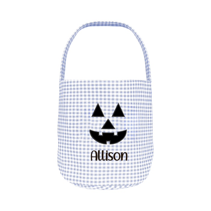 Personalized Jack-o-lantern Halloween Candy Basket with Embroidered Name - Custom Gingham Pattern Tote Bag Basket for Halloween Candies - Trick or Treat Halloween Bucket Goodies Bags 