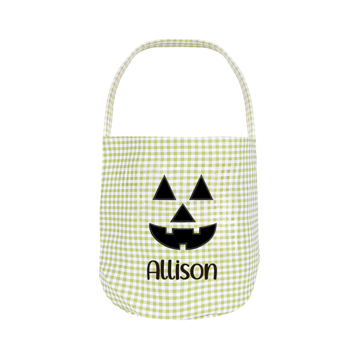 Personalized Jack-o-lantern Halloween Candy Basket with Embroidered Name - Custom Gingham Pattern Tote Bag Basket for Halloween Candies - Trick or Treat Halloween Bucket Goodies Bags 