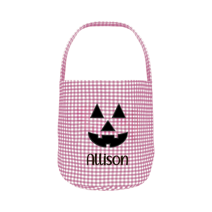 Personalized Jack-o-lantern Halloween Candy Basket with Embroidered Name - Custom Gingham Pattern Tote Bag Basket for Halloween Candies - Trick or Treat Halloween Bucket Goodies Bags 