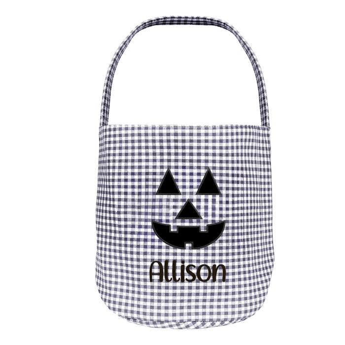 Personalized Jack-o-lantern Halloween Candy Basket with Embroidered Name - Custom Gingham Pattern Tote Bag Basket for Halloween Candies - Trick or Treat Halloween Bucket Goodies Bags 
