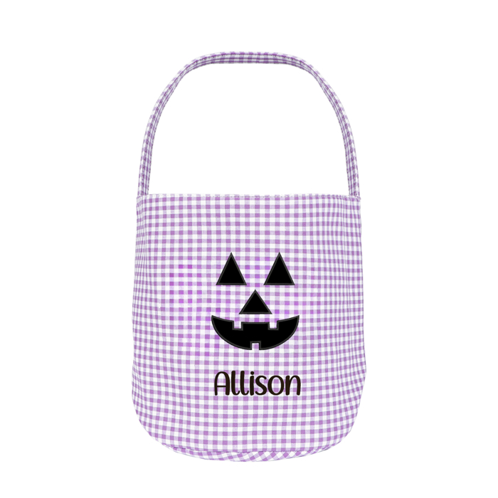 Personalized Jack-o-lantern Halloween Candy Basket with Embroidered Name - Custom Gingham Pattern Tote Bag Basket for Halloween Candies - Trick or Treat Halloween Bucket Goodies Bags 