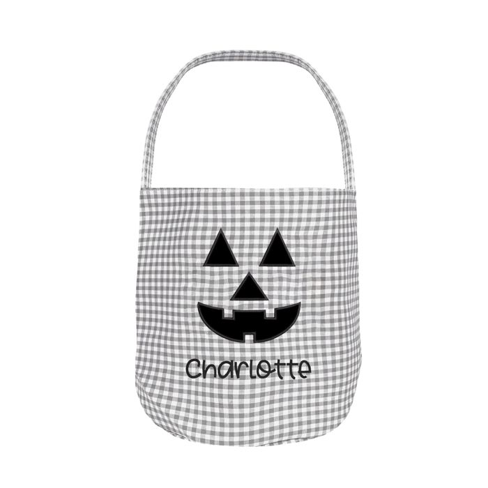 Personalized Jack-o-lantern Halloween Candy Basket with Embroidered Name - Custom Gingham Pattern Tote Bag Basket for Halloween Candies - Trick or Treat Halloween Bucket Goodies Bags 
