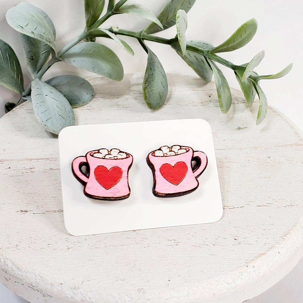 Hand Painted Heart Mug Wood Studs