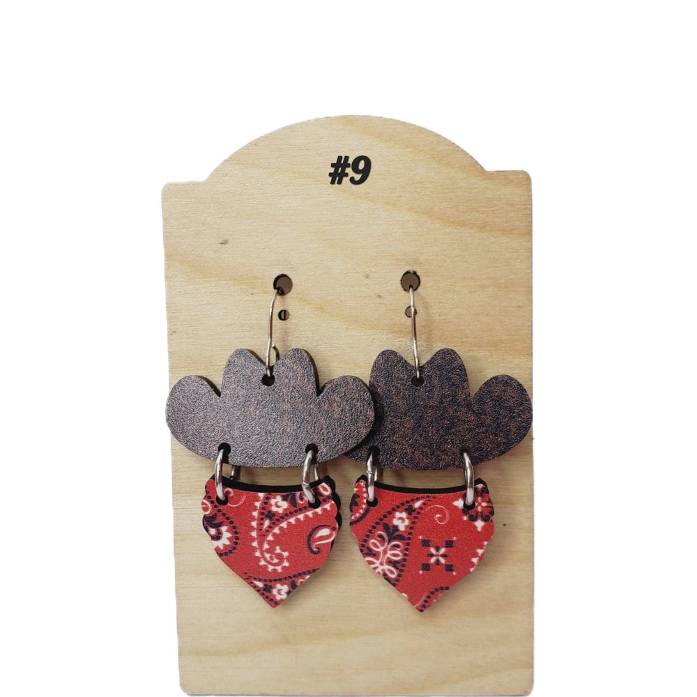 Cowboy Hat and Bandana Wood Earrings 