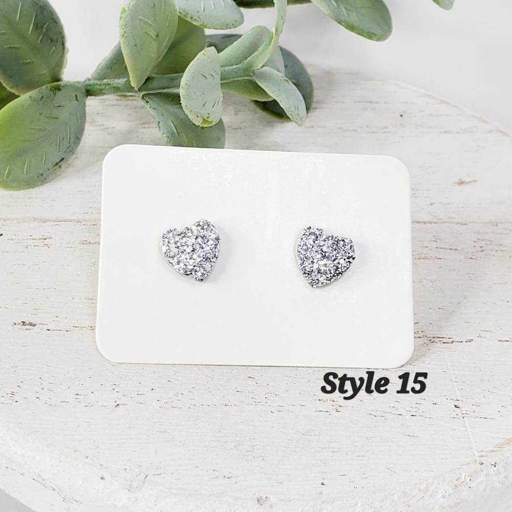 8MM Green and Silver Heart Druzy Studs | 2-Pack