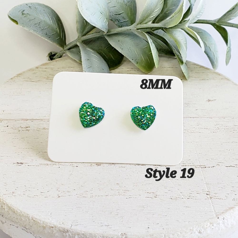 8MM Green and Silver Heart Druzy Studs | 2-Pack