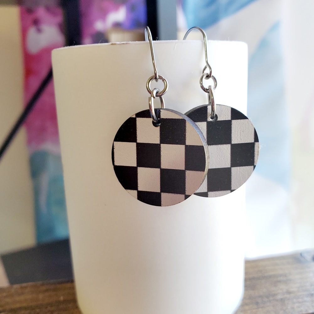 Checker Wood Printed Earrings