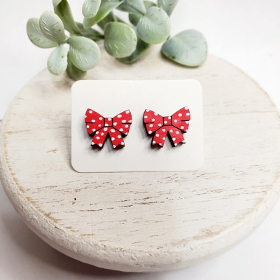 Polka Dot Bow Wood Studs 