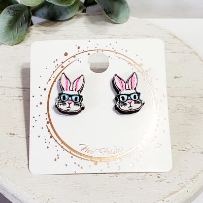 Bunny Rabbit Blue Glasses Wood Studs