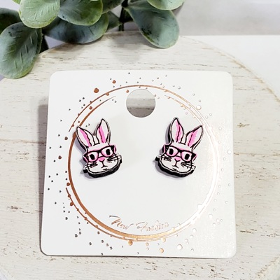 Bunny Rabbit Pink Glasses Wood Studs