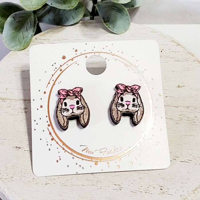 Hand Painted Bunny Rabbit Wood Studs 