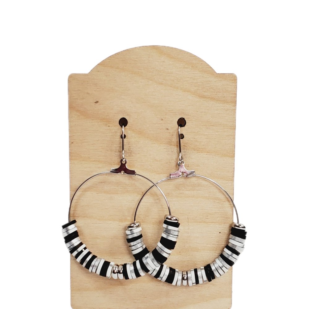 Heishi Silver and Black Hoops