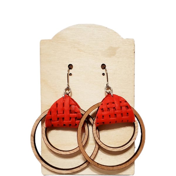 Double Wood Hoops with Red Leather Earrings