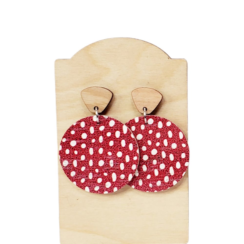 Cork on Leather Red Polka Dot Earrings