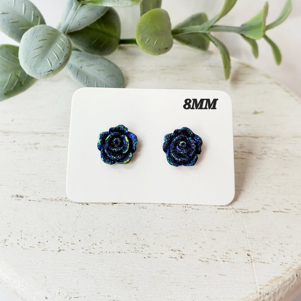 8MM Navy Iridescent Flower Studs