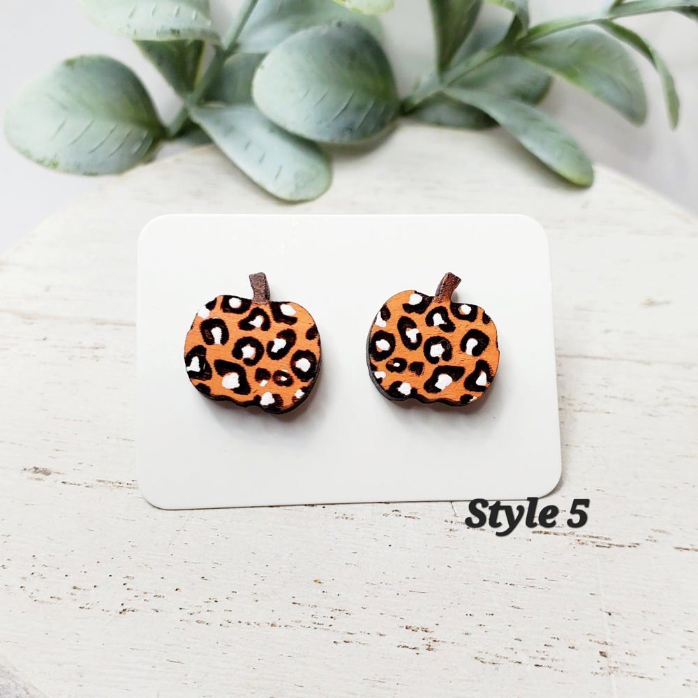 Hand Painted Pumpkin Wood Studs | Cheetah Orange