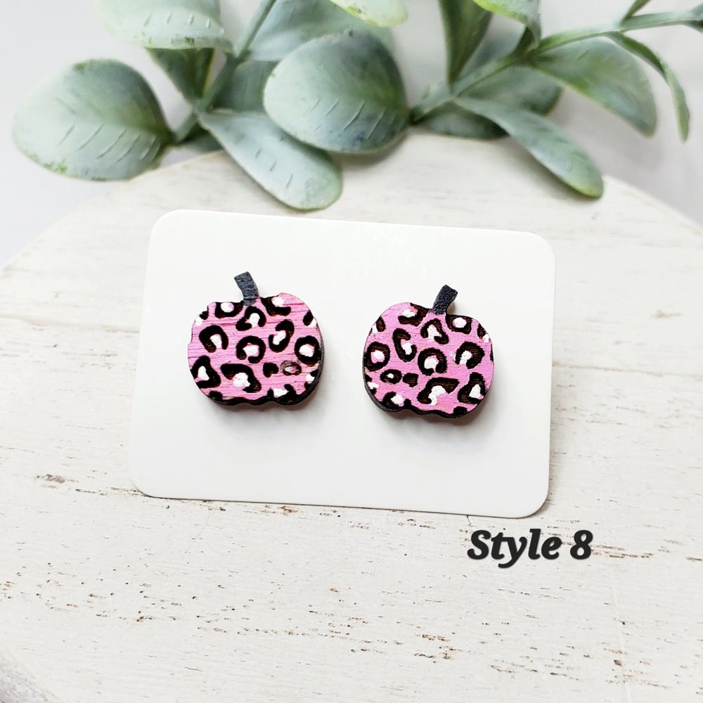 Hand Painted Pumpkin Wood Studs | Pink Cheetah