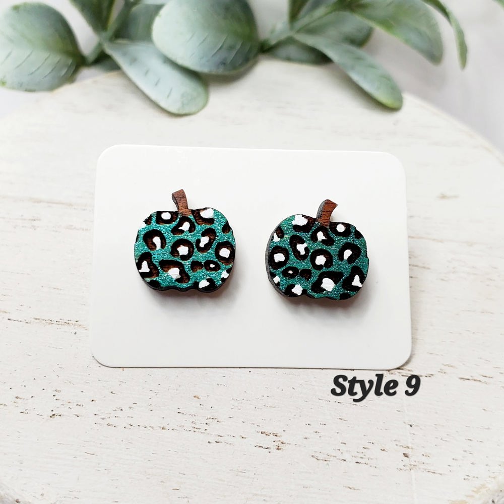 Hand Painted Pumpkin Wood Studs |Teal Cheetah