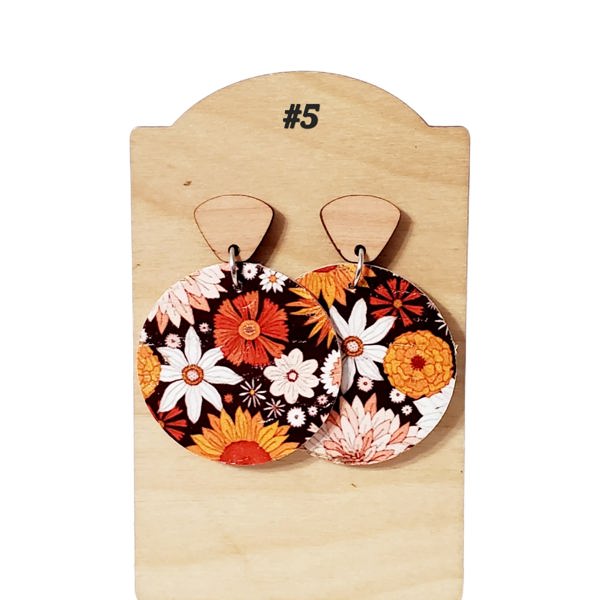 Cork on Leather Retro Floral Drop Earrings