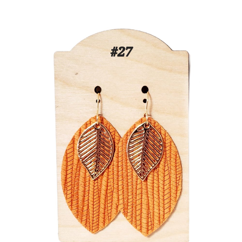 Leather Orange Leaf Earrings