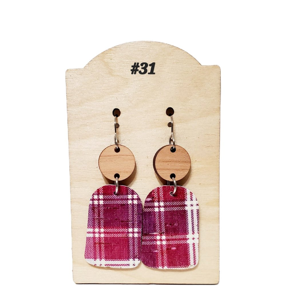 Cork on Leather Maroon Plaid Earrings