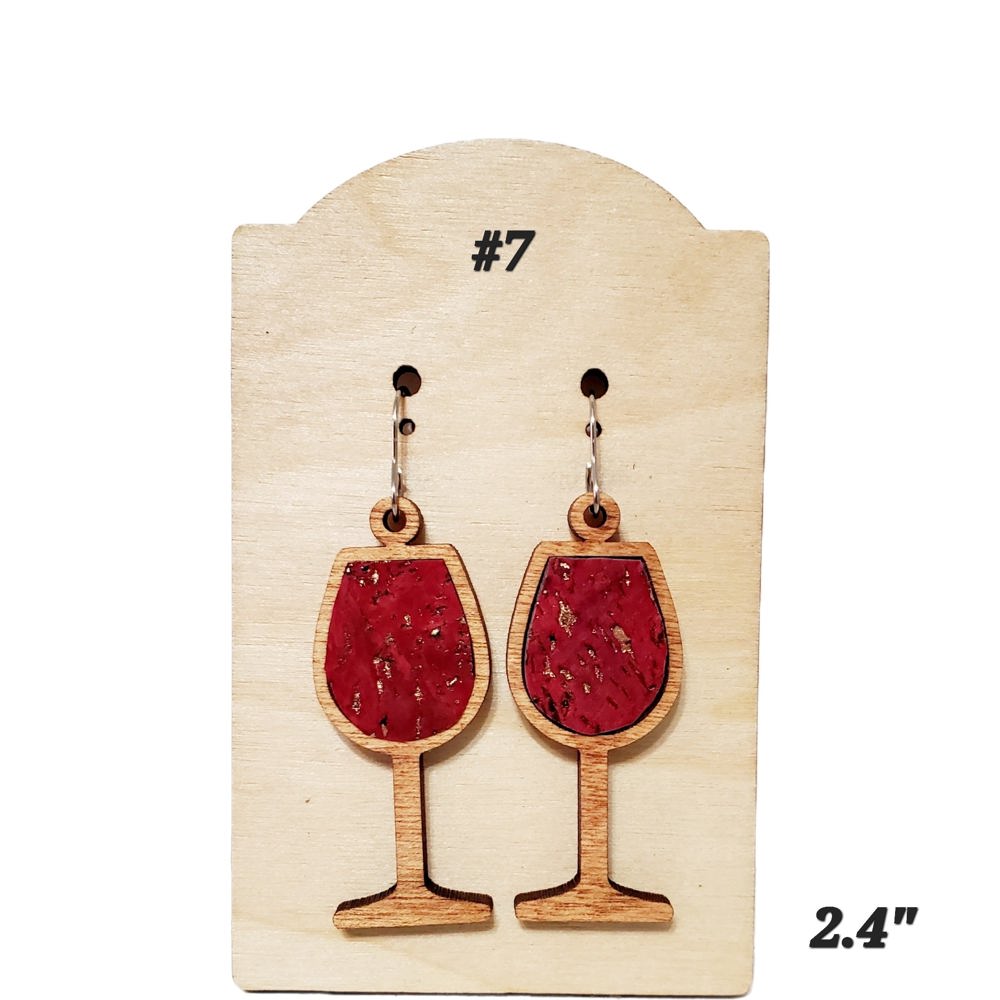 Cork Inlay Wood Wine Glass Earrings