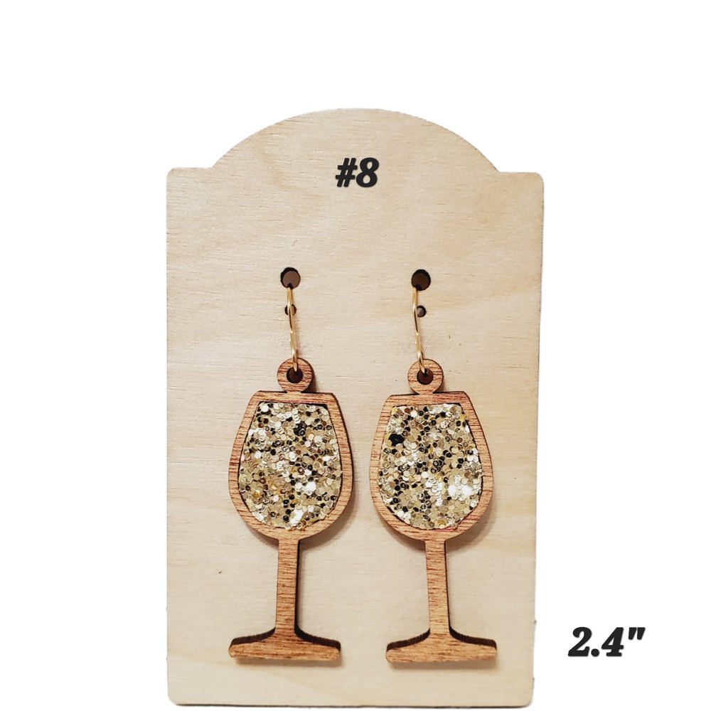 Glitter Inlay Wood Wine Glass Earrings