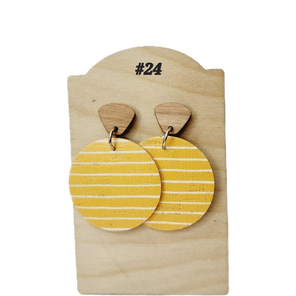 Cork on Leather Mustard Stripe Drop Earrings