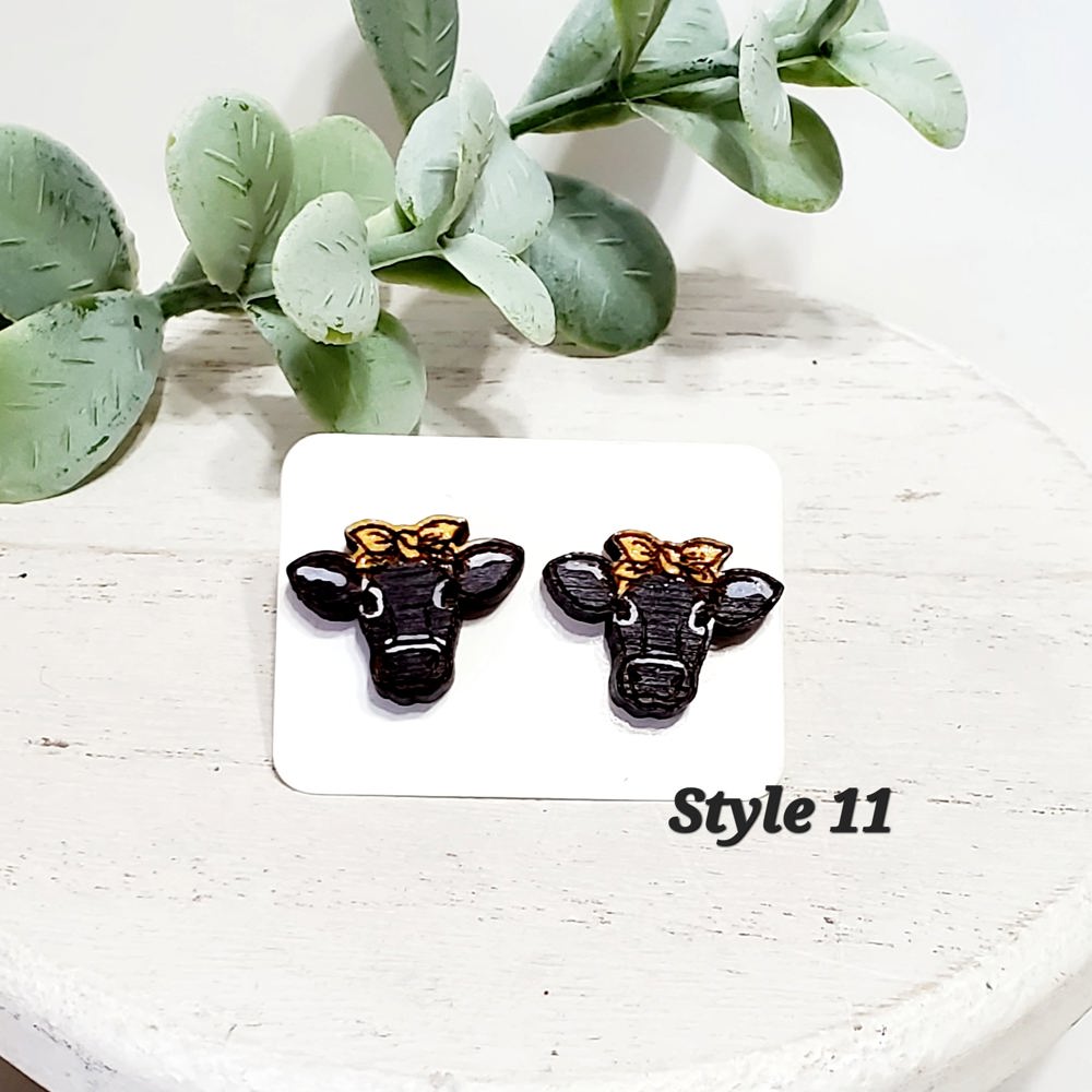 Black Cow with Yellow Bow Wood Studs