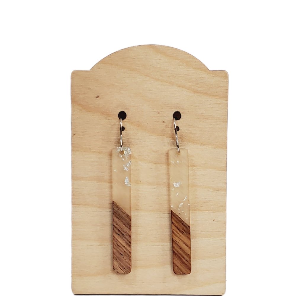 Acrylic and Wood Bar Earrings | Silver Fleck