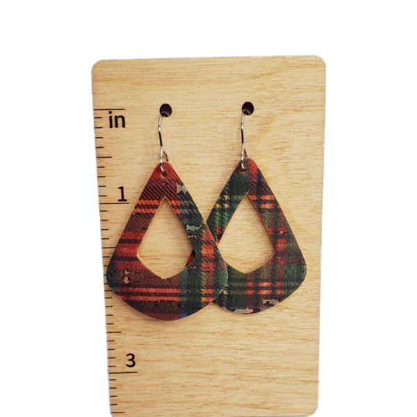 Cork on Leather Red and Green Plaid Earrings