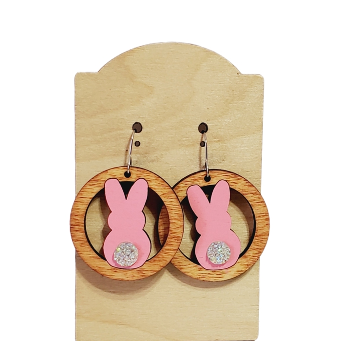 Hand Painted Wood Pink Bunny Earrings