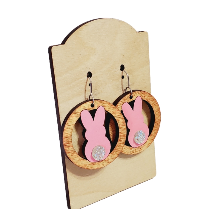 Hand Painted Wood Pink Bunny Earrings