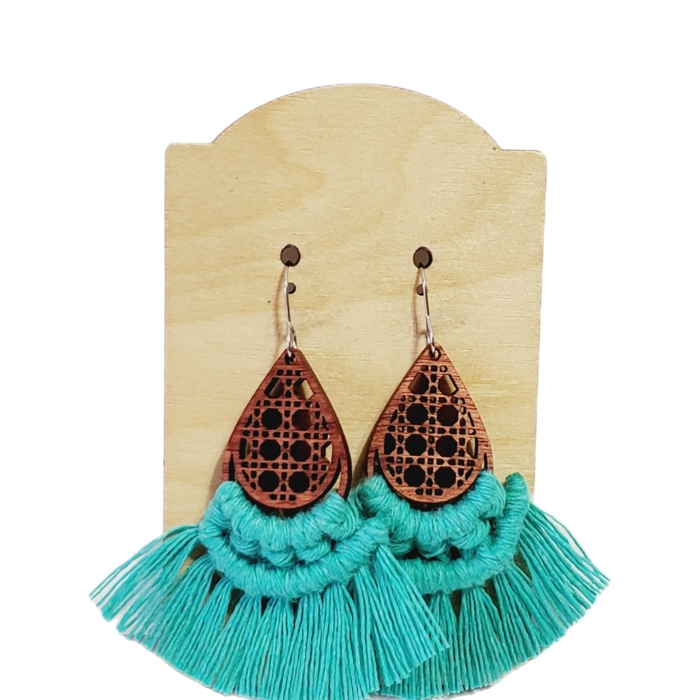 Handmade Macrame Wood Teal Earrings