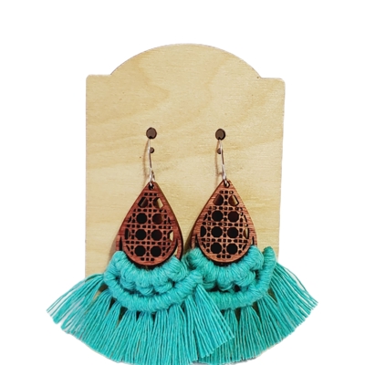 Handmade Macrame Wood Teal Earrings