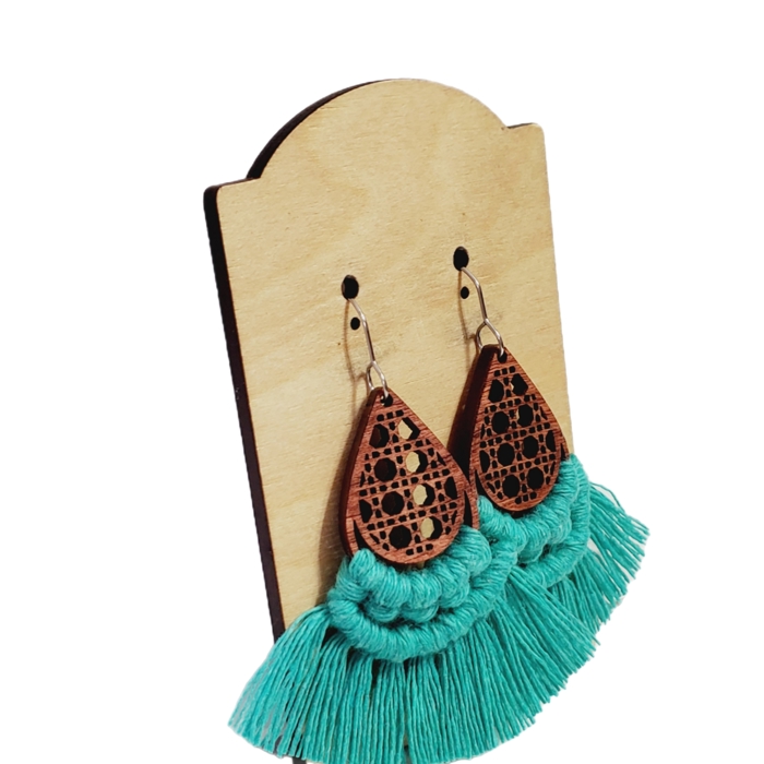 Handmade Macrame Wood Teal Earrings