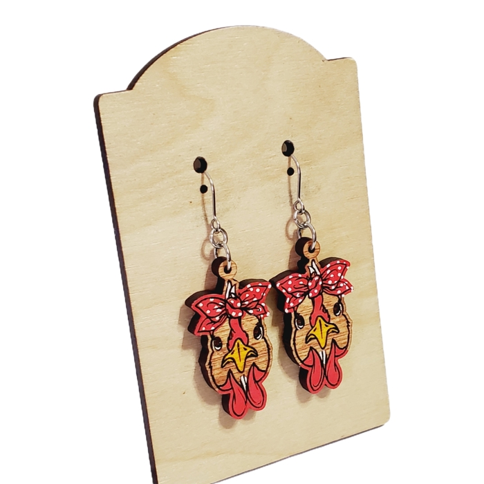 Hand Painted Wood Chicken Bow Earrings