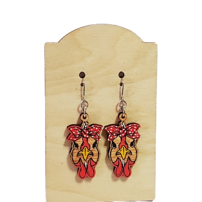 Hand Painted Wood Chicken Bow Earrings