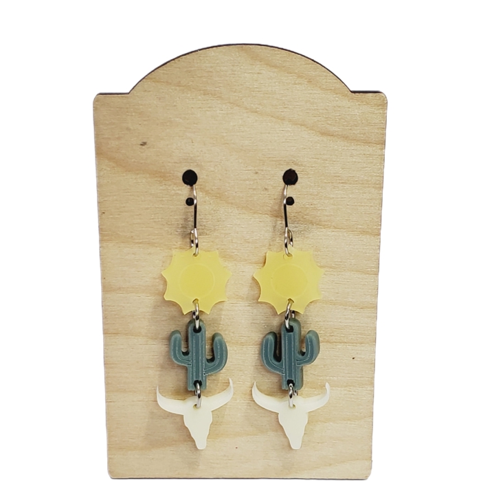 Western Cactus, Cow Skull, Sun Stacked Earrings