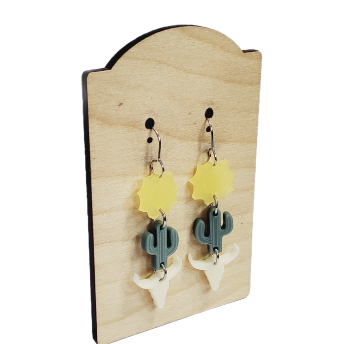 Western Cactus, Cow Skull, Sun Stacked Earrings