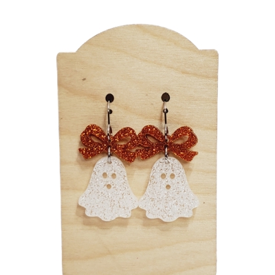 Ghost Glitter Orange Bow Earrings 