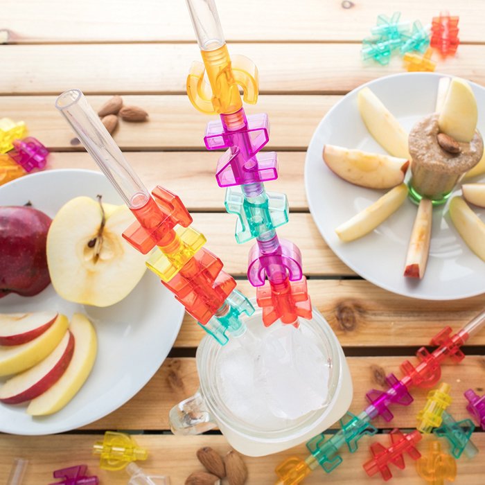 Spelly Straws Reusable Drinking Straws for Kids - Safe BPA Free Plastic Build Your Own Straws and Connectors Kit with 44 Letters and 4 Straw Bases - Fun Colored Educational Kids Toys or Party Favors