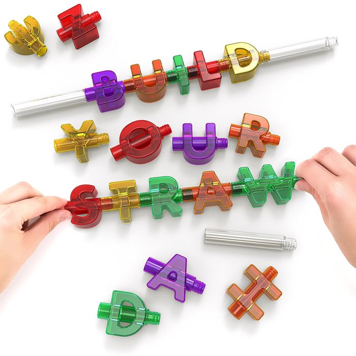 Spelly Straws Reusable Drinking Straws for Kids - Safe BPA Free Plastic Build Your Own Straws and Connectors Kit with 44 Letters and 4 Straw Bases - Fun Colored Educational Kids Toys or Party Favors