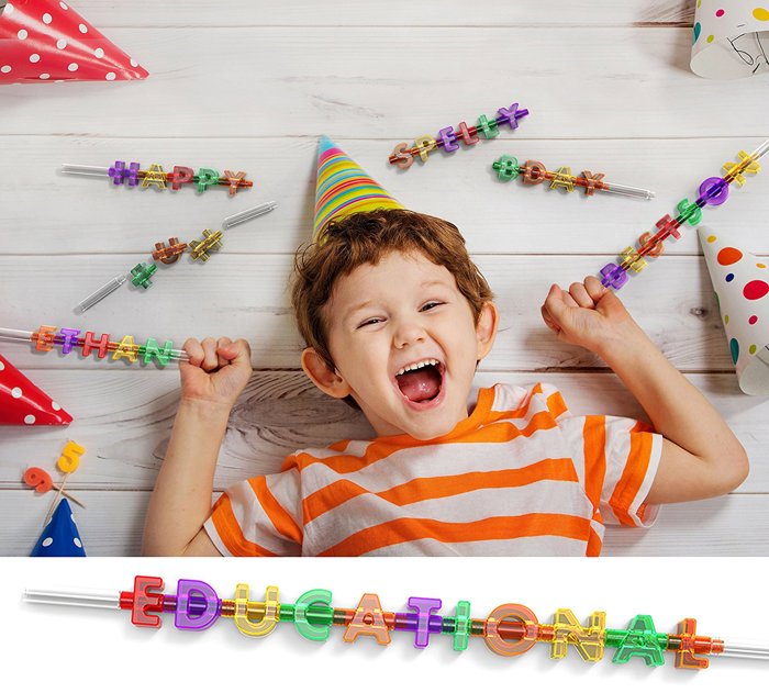 Spelly Straws Reusable Drinking Straws for Kids - Safe BPA Free Plastic Build Your Own Straws and Connectors Kit with 44 Letters and 4 Straw Bases - Fun Colored Educational Kids Toys or Party Favors
