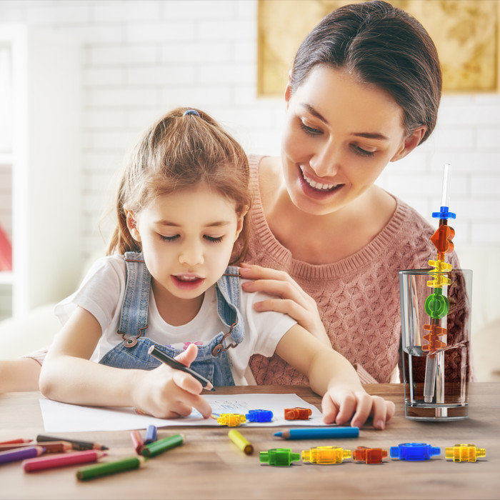 Spelly Straws Reusable Drinking Straws for Kids - Safe BPA Free Plastic Build Your Own Straws and Connectors Kit with 44 Letters and 4 Straw Bases - Fun Colored Educational Kids Toys or Party Favors