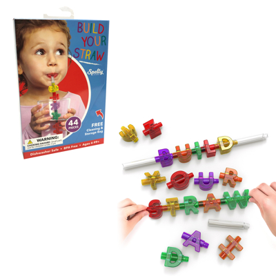 Spelly Straws Reusable Drinking Straws for Kids - Safe BPA Free Plastic Build Your Own Straws and Connectors Kit with 44 Letters and 4 Straw Bases - Fun Colored Educational Kids Toys or Party Favors