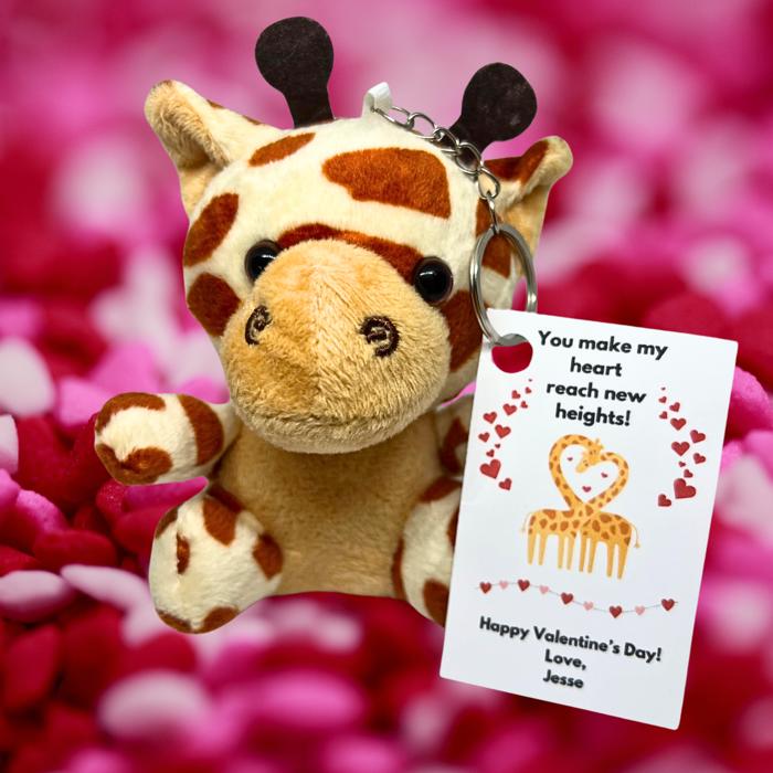 Valentines Day Plush Stuffed Animal Key Ring with Personalized Laminated Card