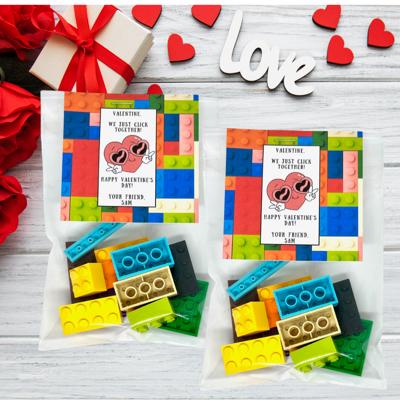 Set of 10 Personalized Valentines Day Building Blocks and Card Sets INCLUDES BAGS, BLOCKS and CARDS